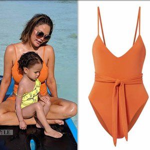 Mara Hoffman Gamela V-Neck Self-Belt Minimal One-Piece Swimsuit